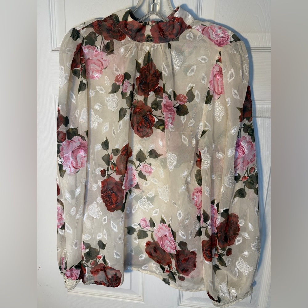 SHEIN Sheer Floral Top with Red and Pink Floral Print Embroidered Leaf Accent XL